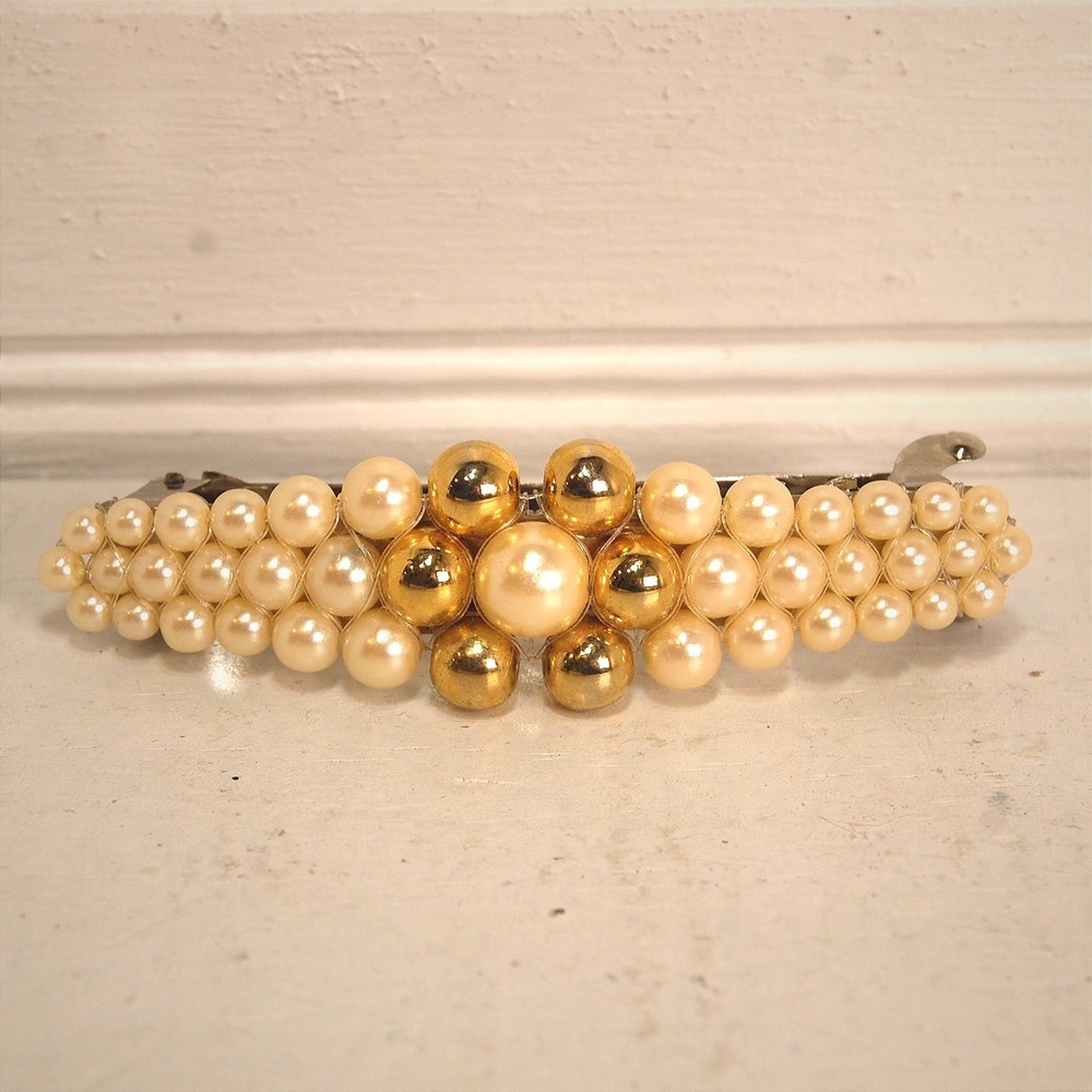Vintage hair Barrette beaded pearl ivory gold‎ Flower